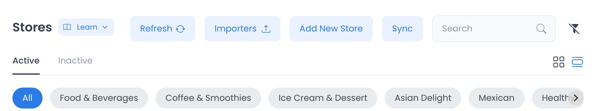 Stores list header in the Ordering Dashboard