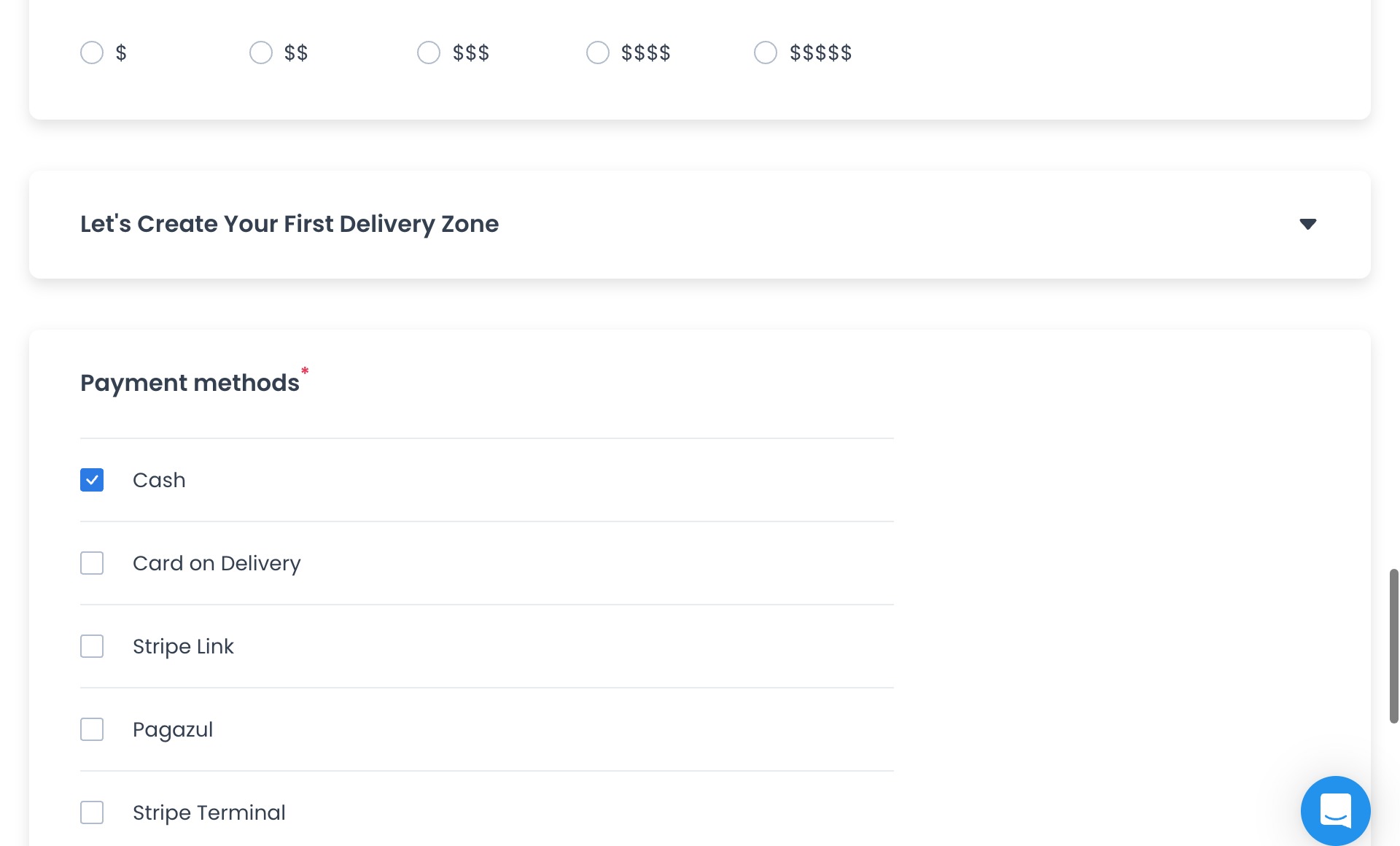 Payment methods section in the Add new store form