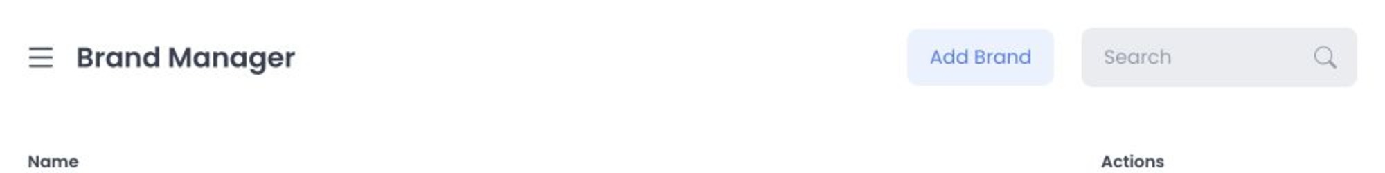 Brand Manager heading, actions, search, and columns without brand rows