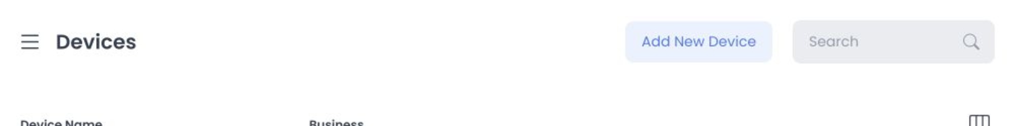 Devices header, actions, search, and columns without device or store rows