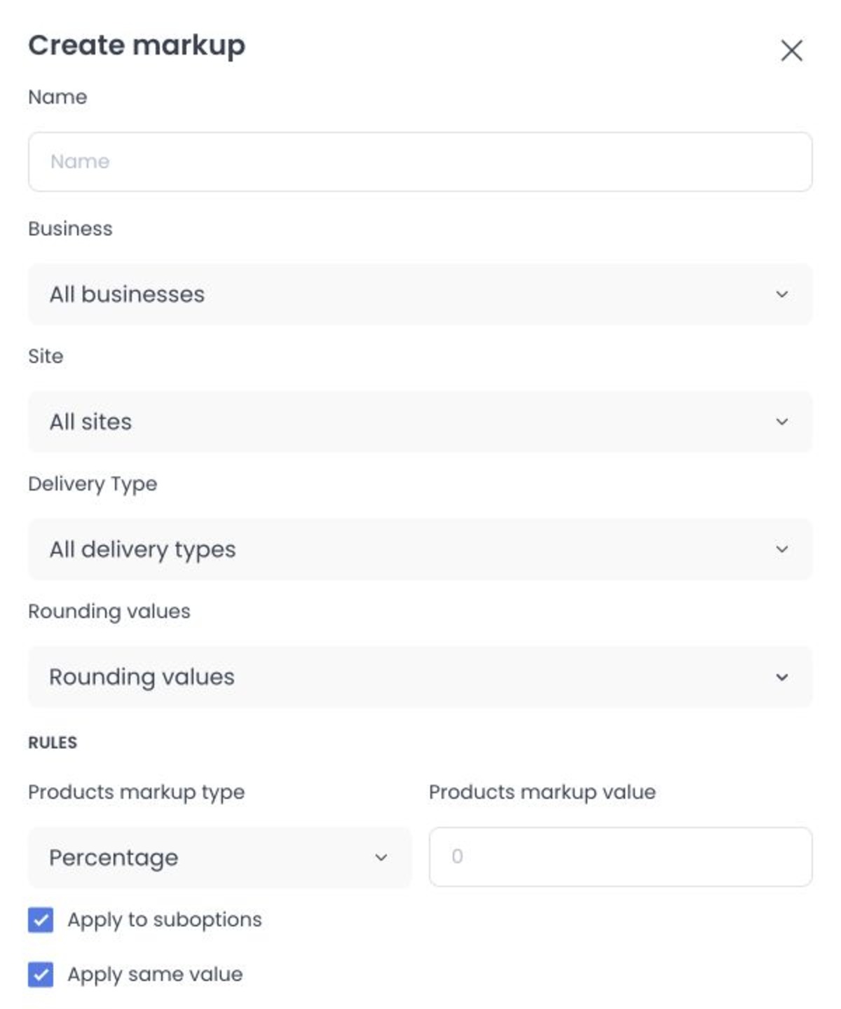 Blank Create markup form showing scope, rounding values, and product rule controls