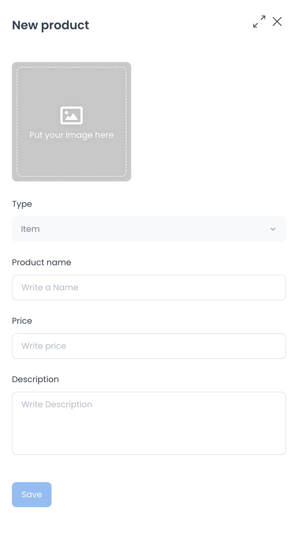 New product form showing image drop area, Type, Product name, Price, Description, and Save