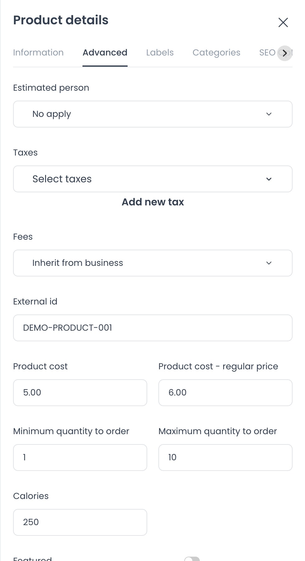 Product details Advanced tab with estimated person, taxes, fees, external ID, cost, order quantity limits, and calories