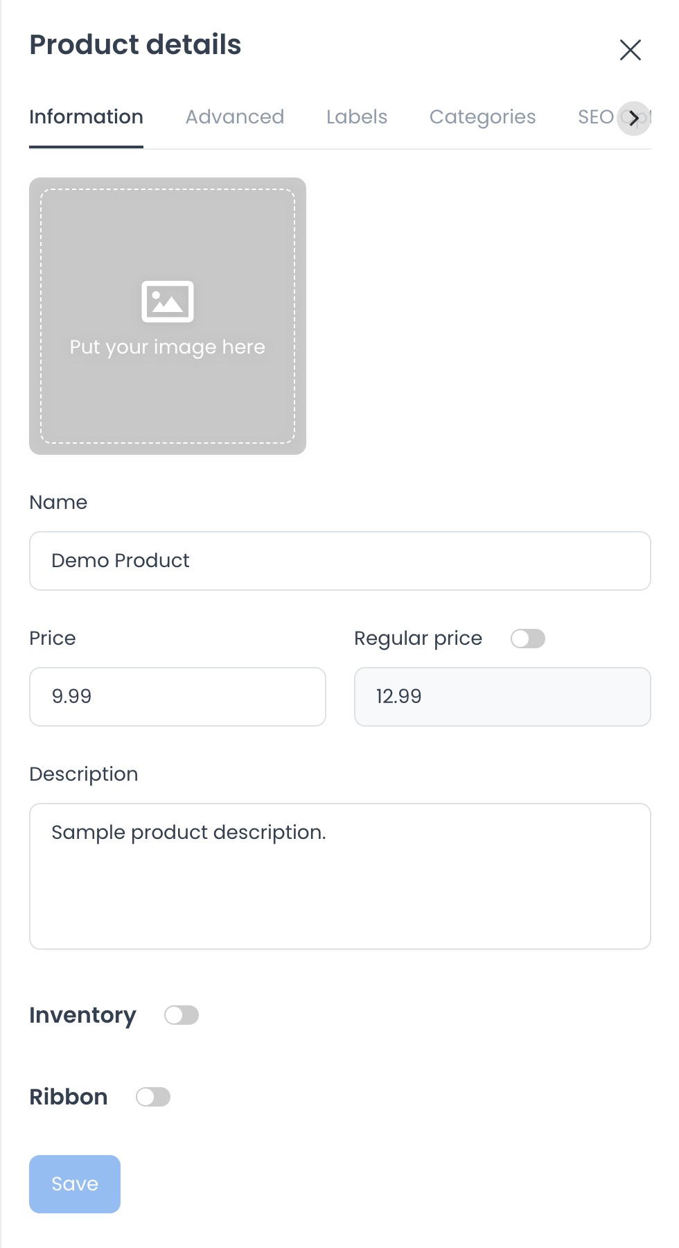 Product details Information tab with image, name, price, regular price, description, inventory, and ribbon controls