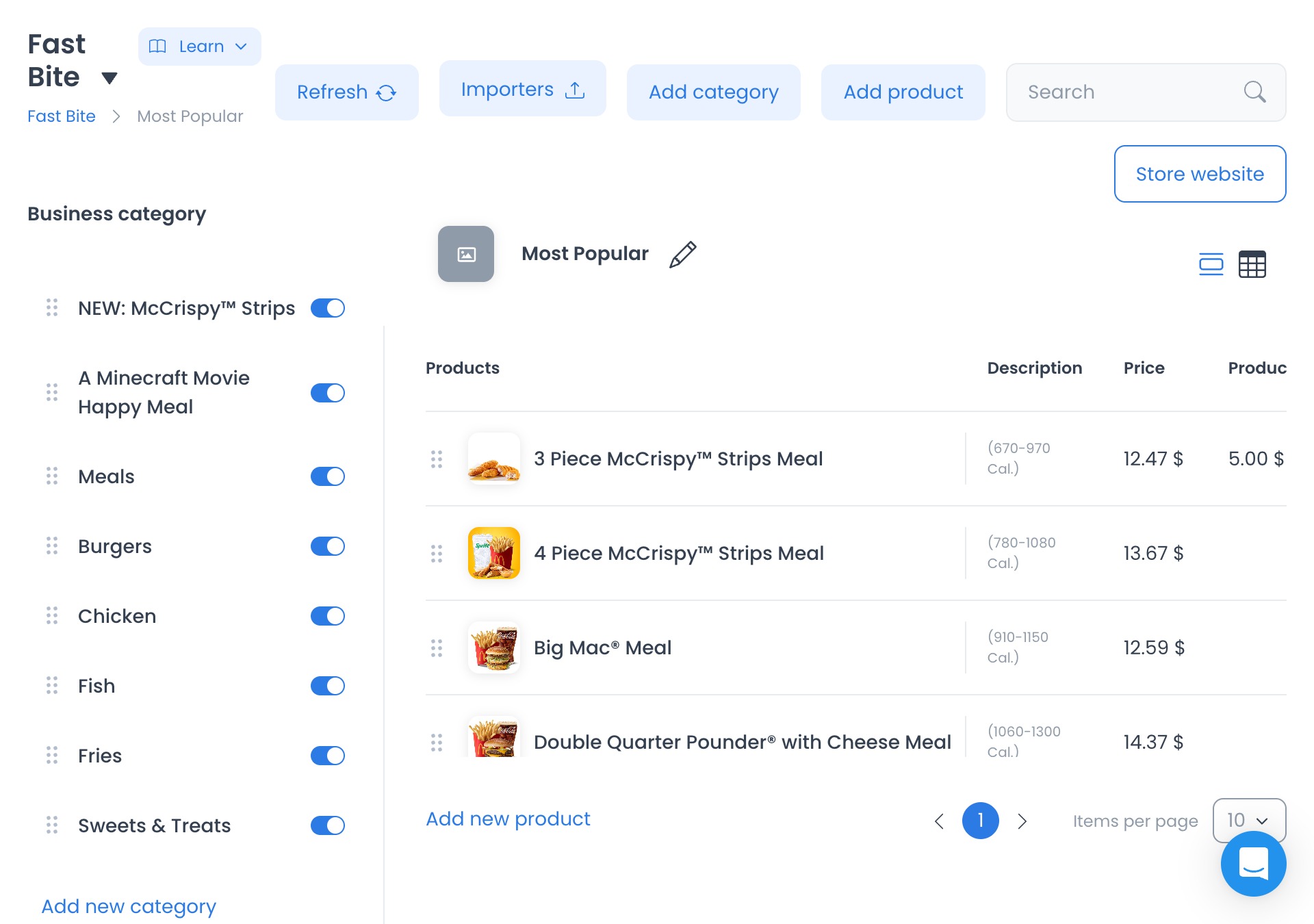 Products overview with store categories and product list