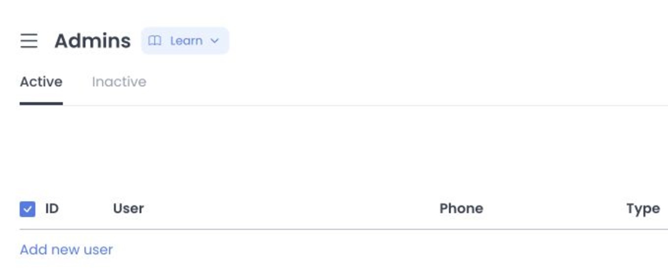 Admins list controls with Active and Inactive account views