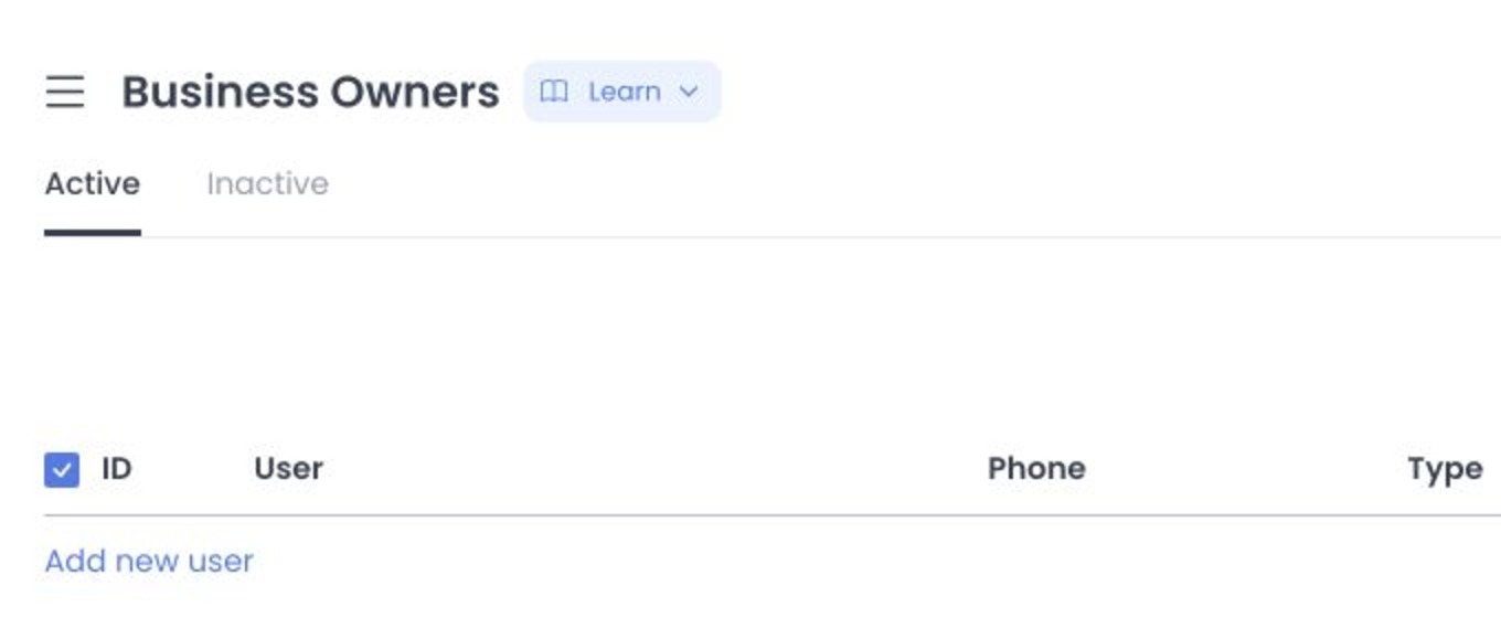 Business owners list controls with Active and Inactive account views