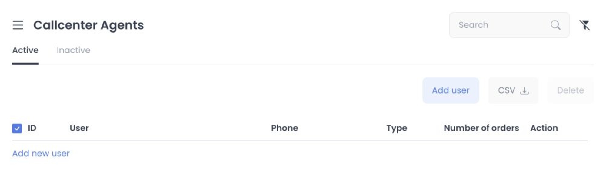 Call Center Agents header, filters, actions, and empty table