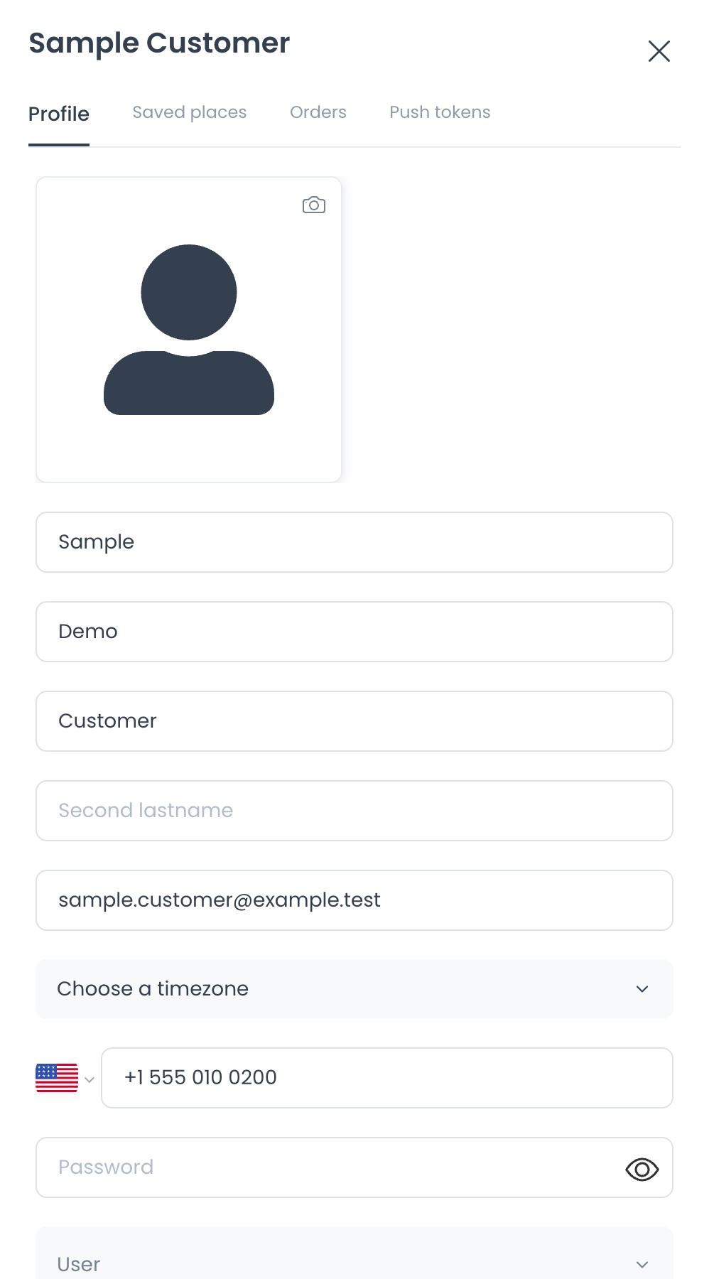 Customer profile editor in the Ordering Dashboard using synthetic customer data