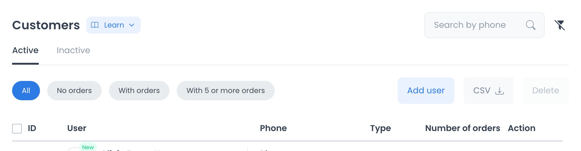 Customers header, quick filters, and customer list in the Ordering Dashboard