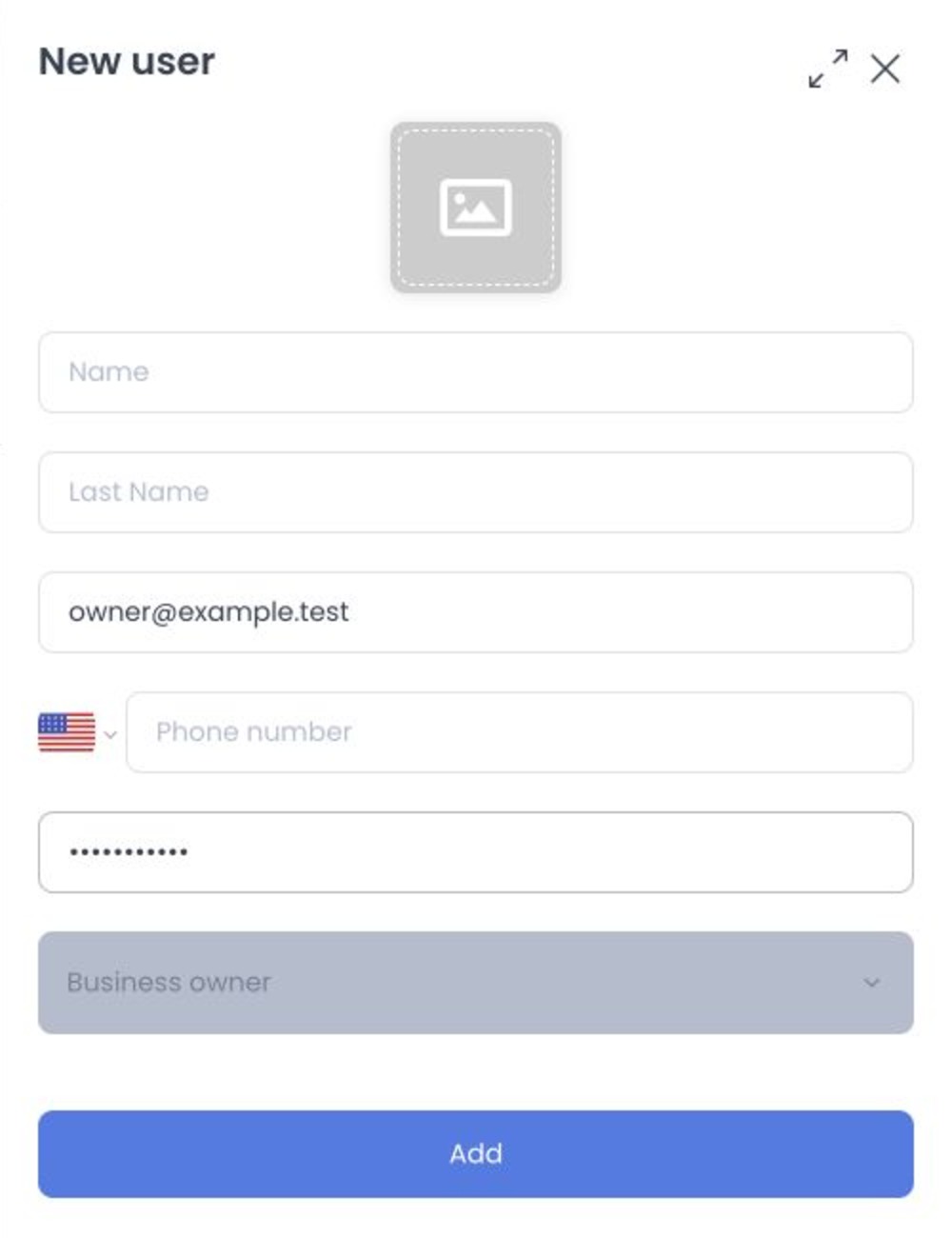 New Business owner form using a synthetic email and password