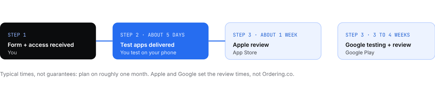 The app timeline. Apple and Google reviews run in parallel after you approve the test versions.