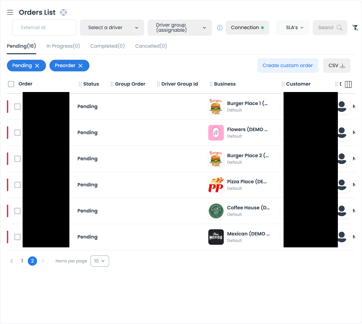 New order notification in the business Dashboard