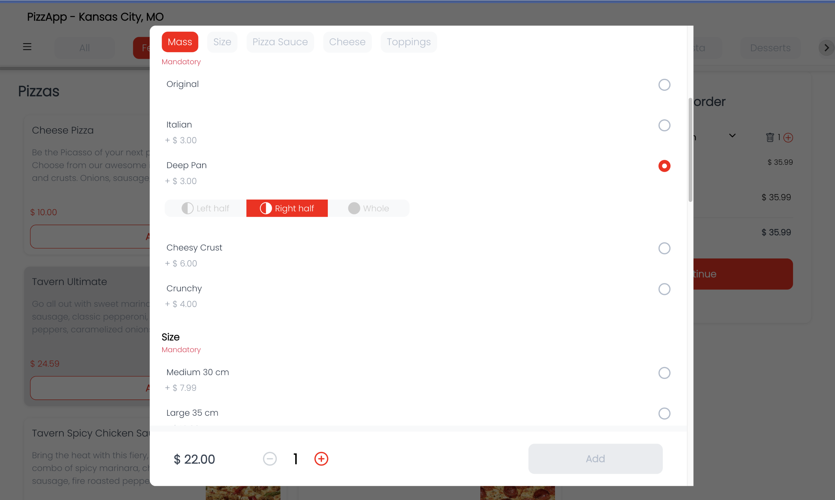 Example configuration of a pizza modifier with Right half selected, Left half and Whole available, and Add unavailable