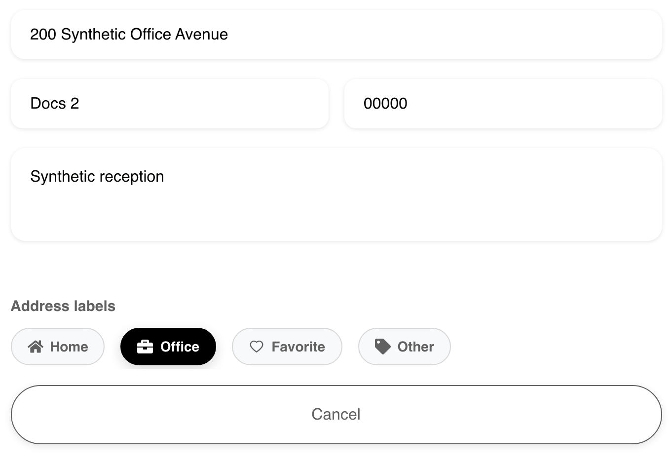Desktop Website Edit address form populated with a reserved synthetic Office address