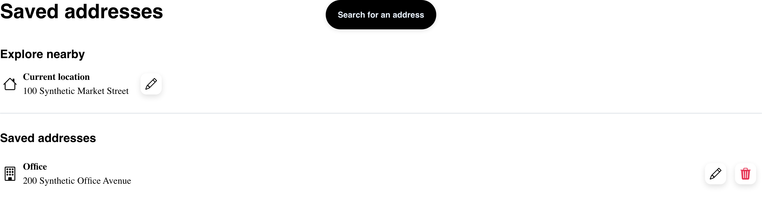 Desktop Website saved-address page with a synthetic current address and a saved Office address with edit and delete actions