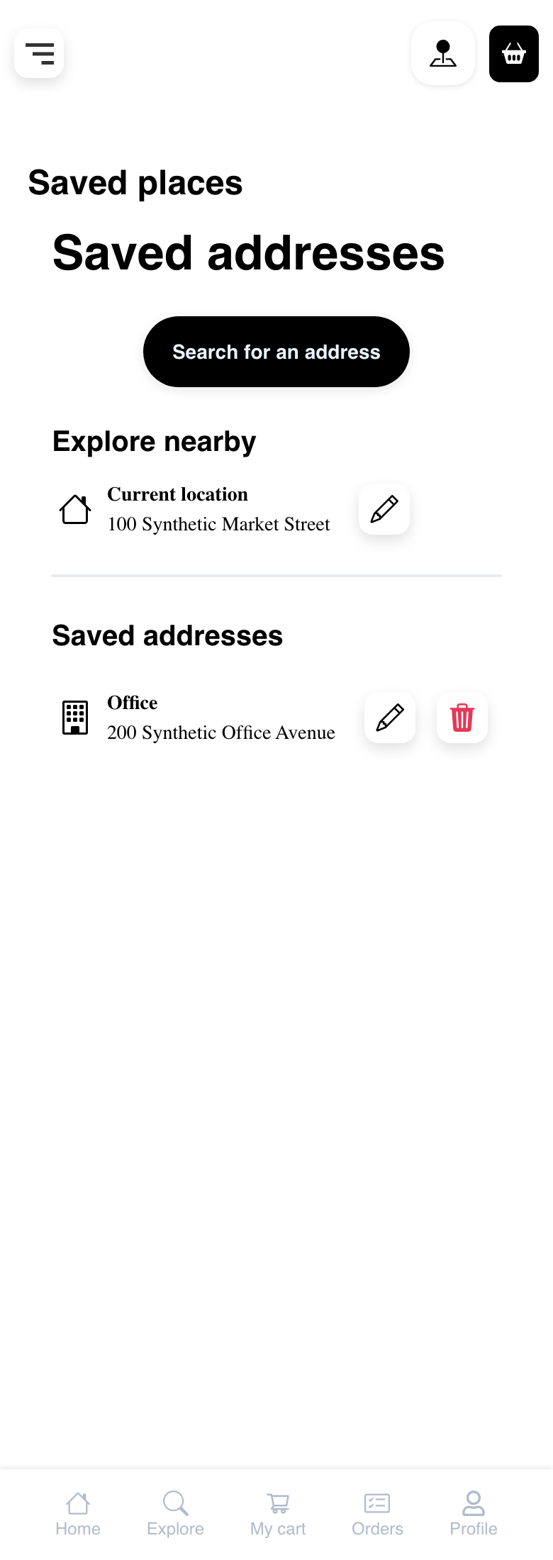 Mobile Website saved-address page with a synthetic current address and saved Office address