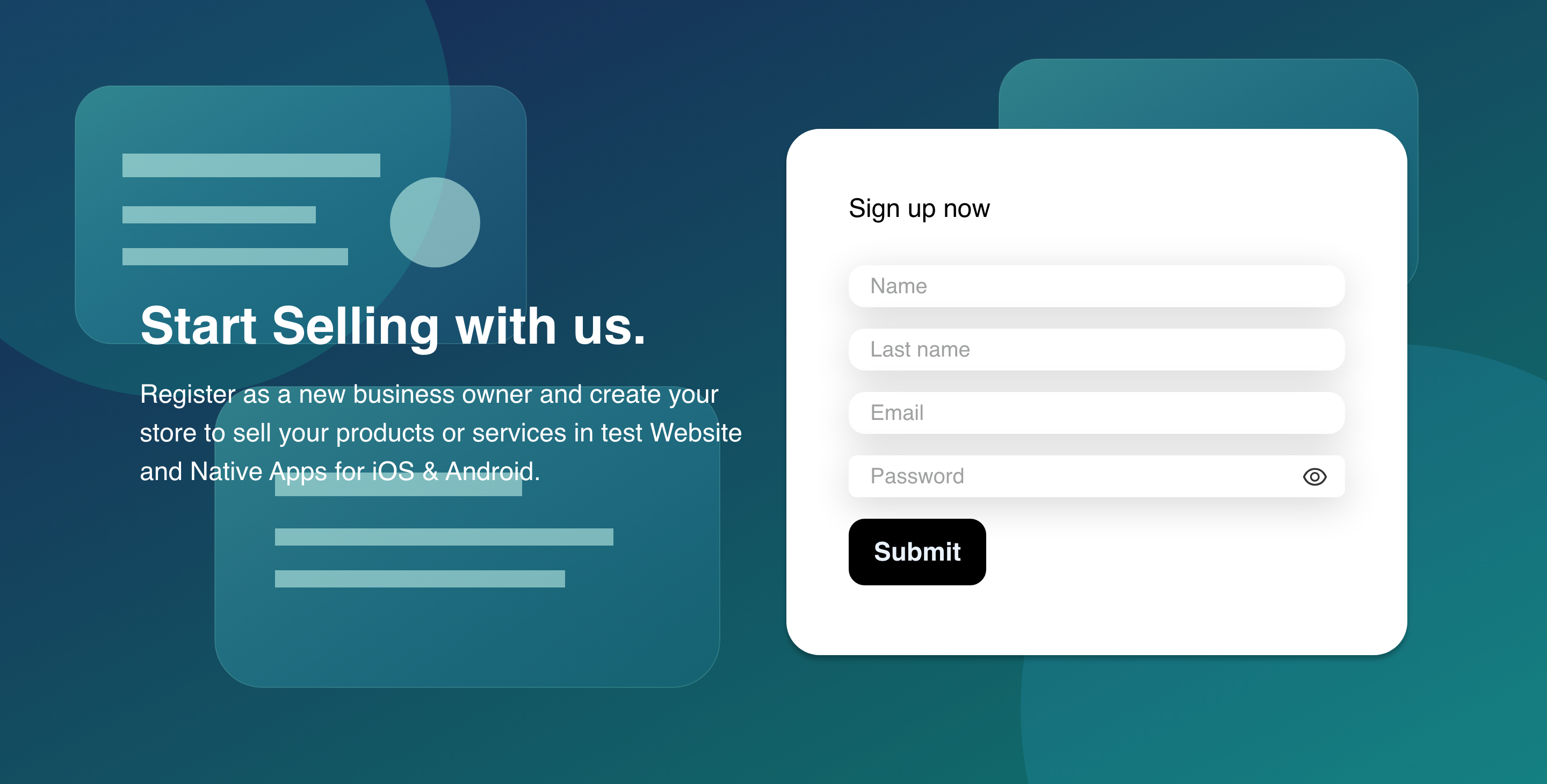 Desktop Website business application with blank Name, Last name, Email, and Password fields