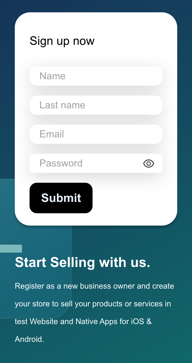Mobile Website business application with blank identity, email, and password fields