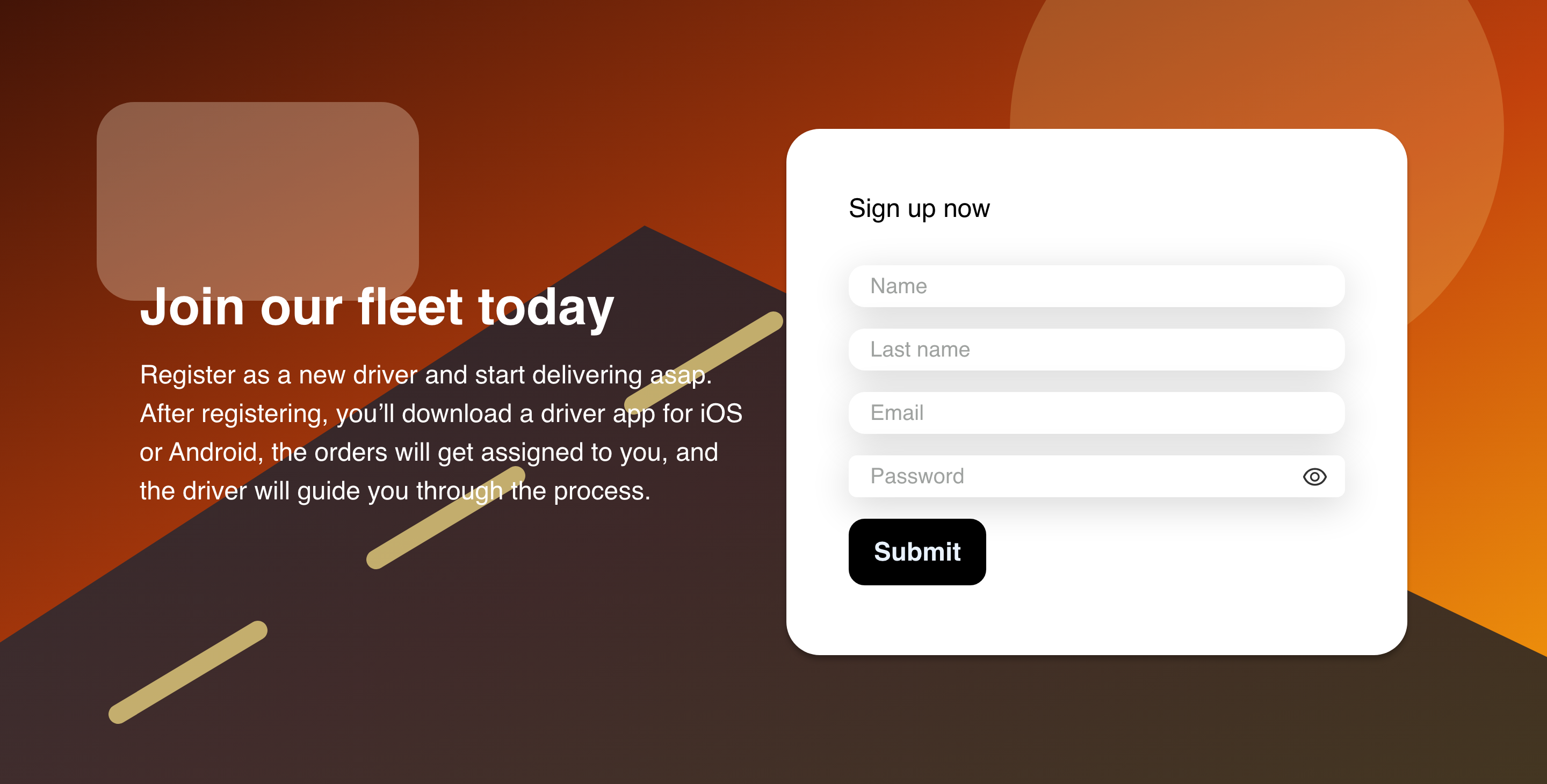 Desktop Website driver application with blank Name, Last name, Email, and Password fields