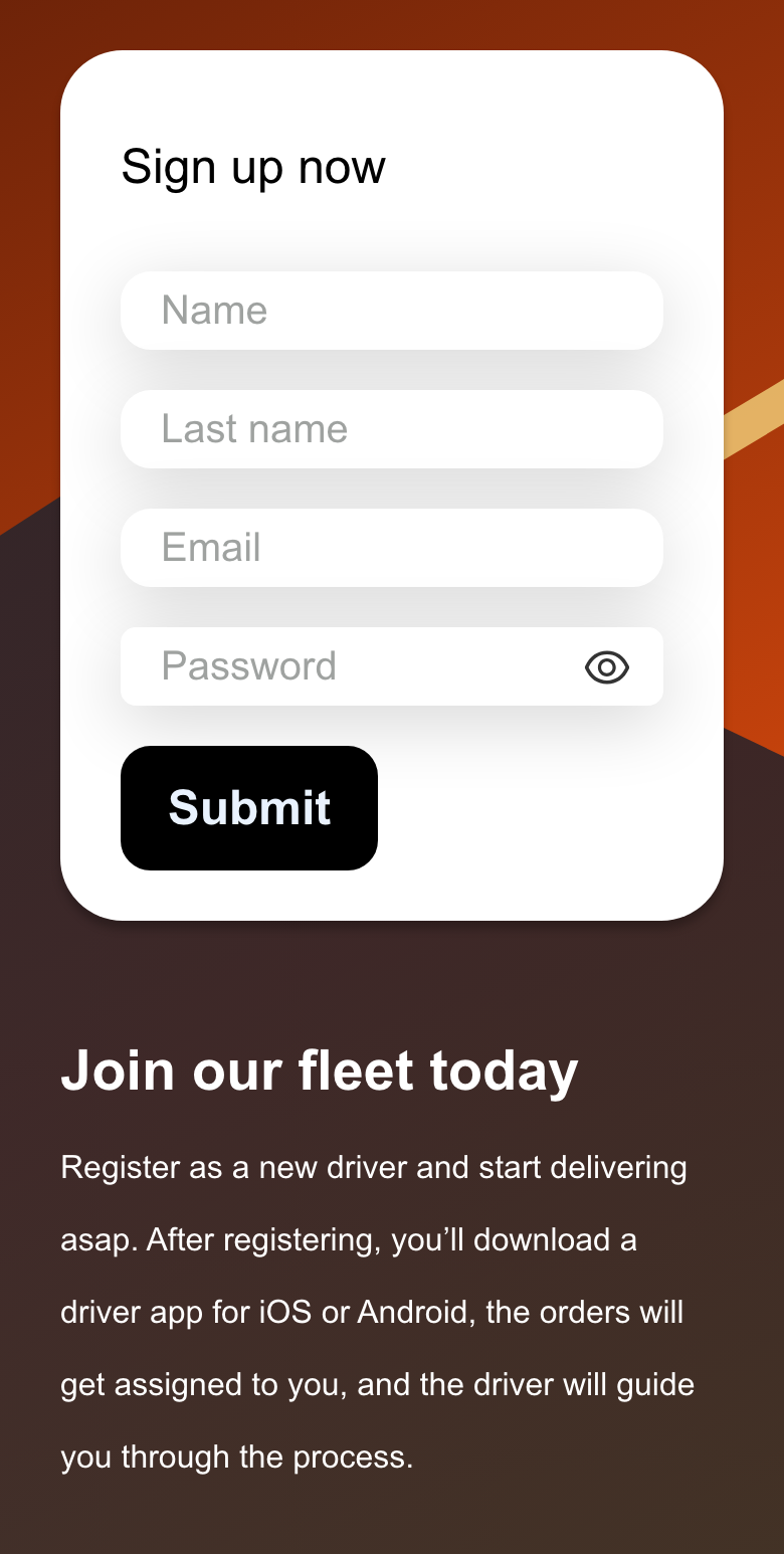 Mobile Website driver application with blank identity, email, and password fields
