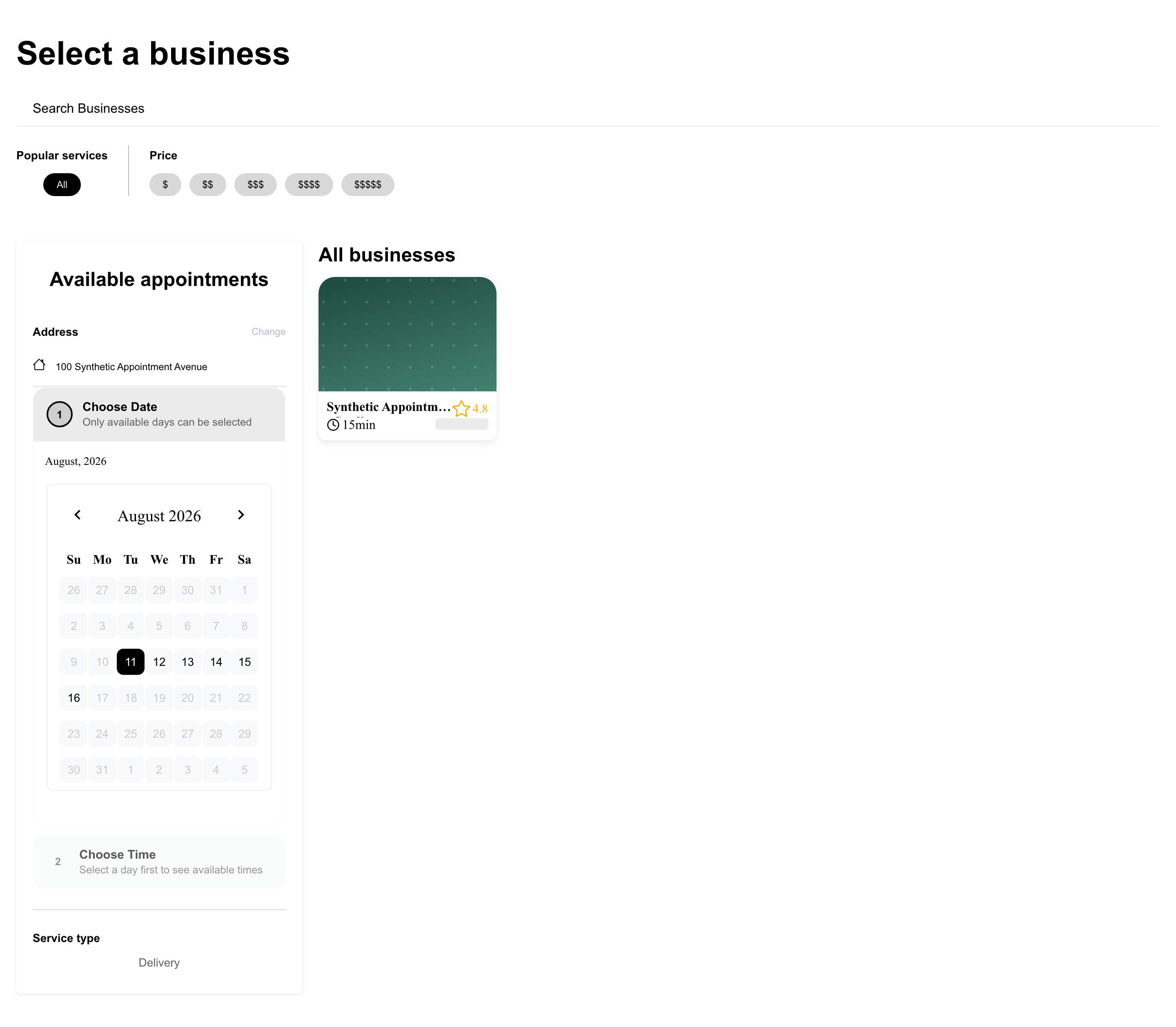 Desktop Website appointments-oriented business list with synthetic address, service controls, and one available studio
