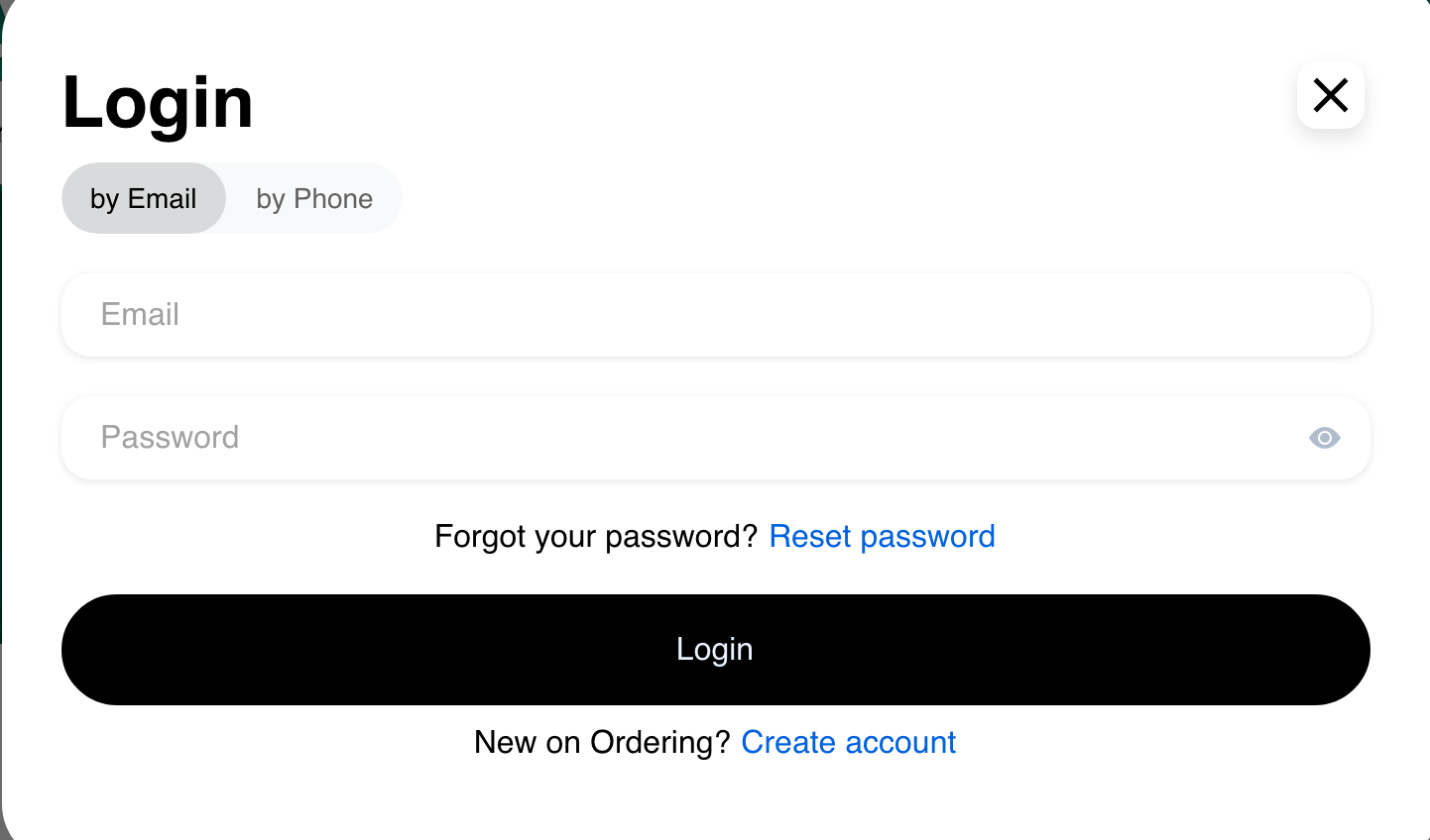 Desktop Website Login dialog with empty Email and Password fields, reset-password link, and account creation link