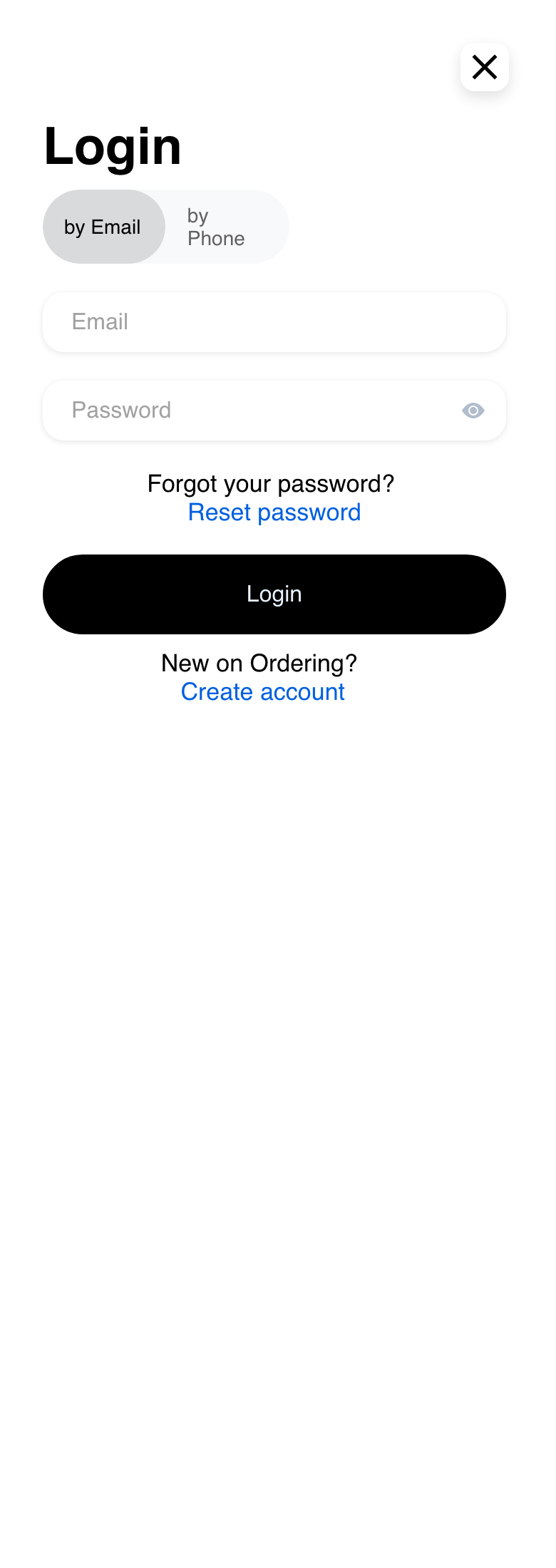 Mobile Website Login dialog opened from the sidebar with empty Email and Password fields