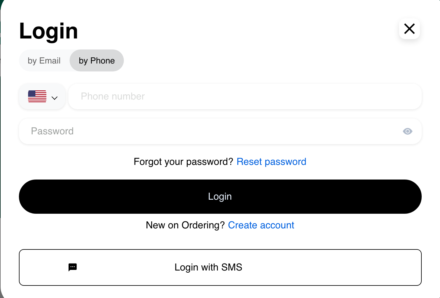 Desktop Website Login dialog on the empty Phone password tab with the Login with SMS option