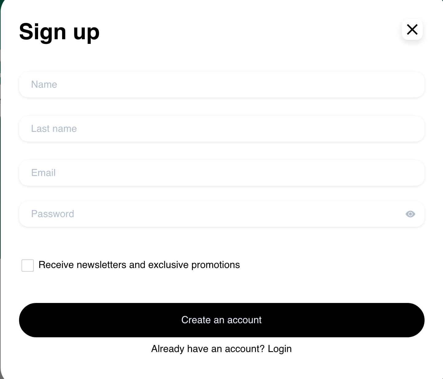 Desktop Website Sign up dialog with empty synthetic-profile fields, password, promotions choice, and Create an account action