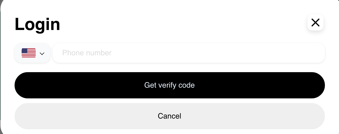 Desktop Website Login dialog in the empty SMS pre-send state before requesting a verification code