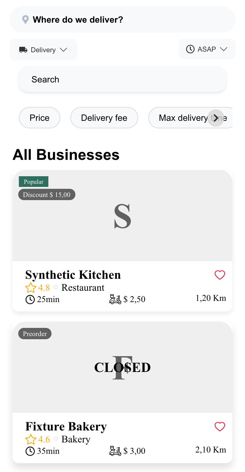 Mobile business results showing availability and order context