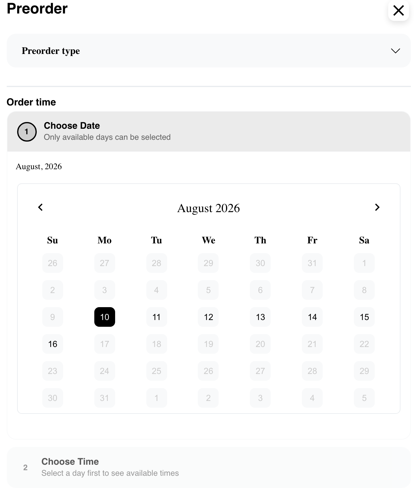 Initial preorder modal opened from a closed business card
