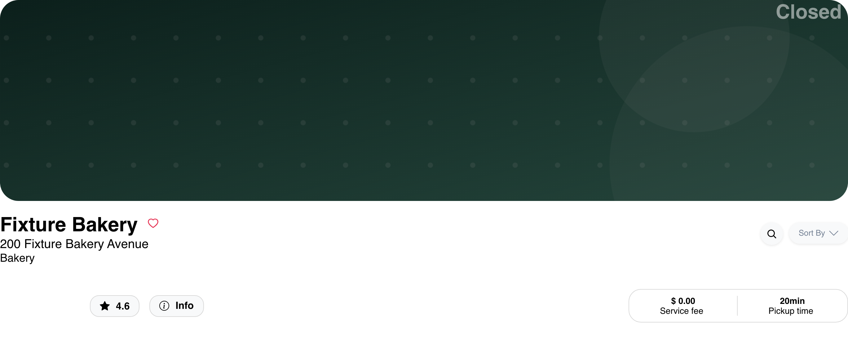 Closed business header with address, rating, information button, service fee, and pickup time