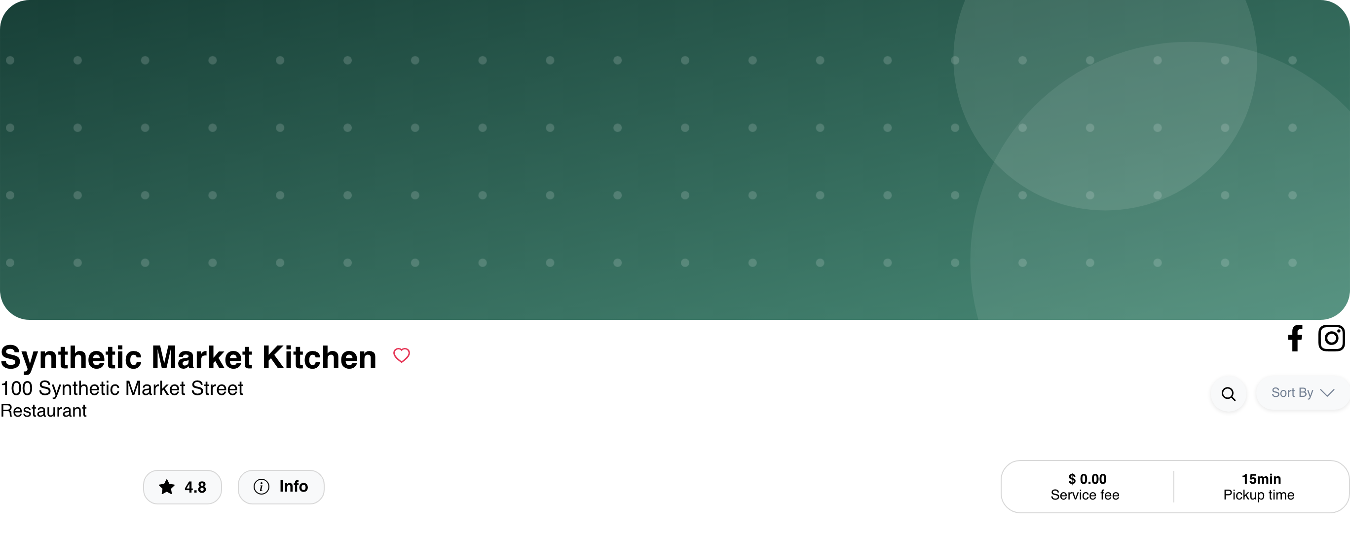 Desktop business header with address, business type, social links, rating, information button, service fee, and pickup time