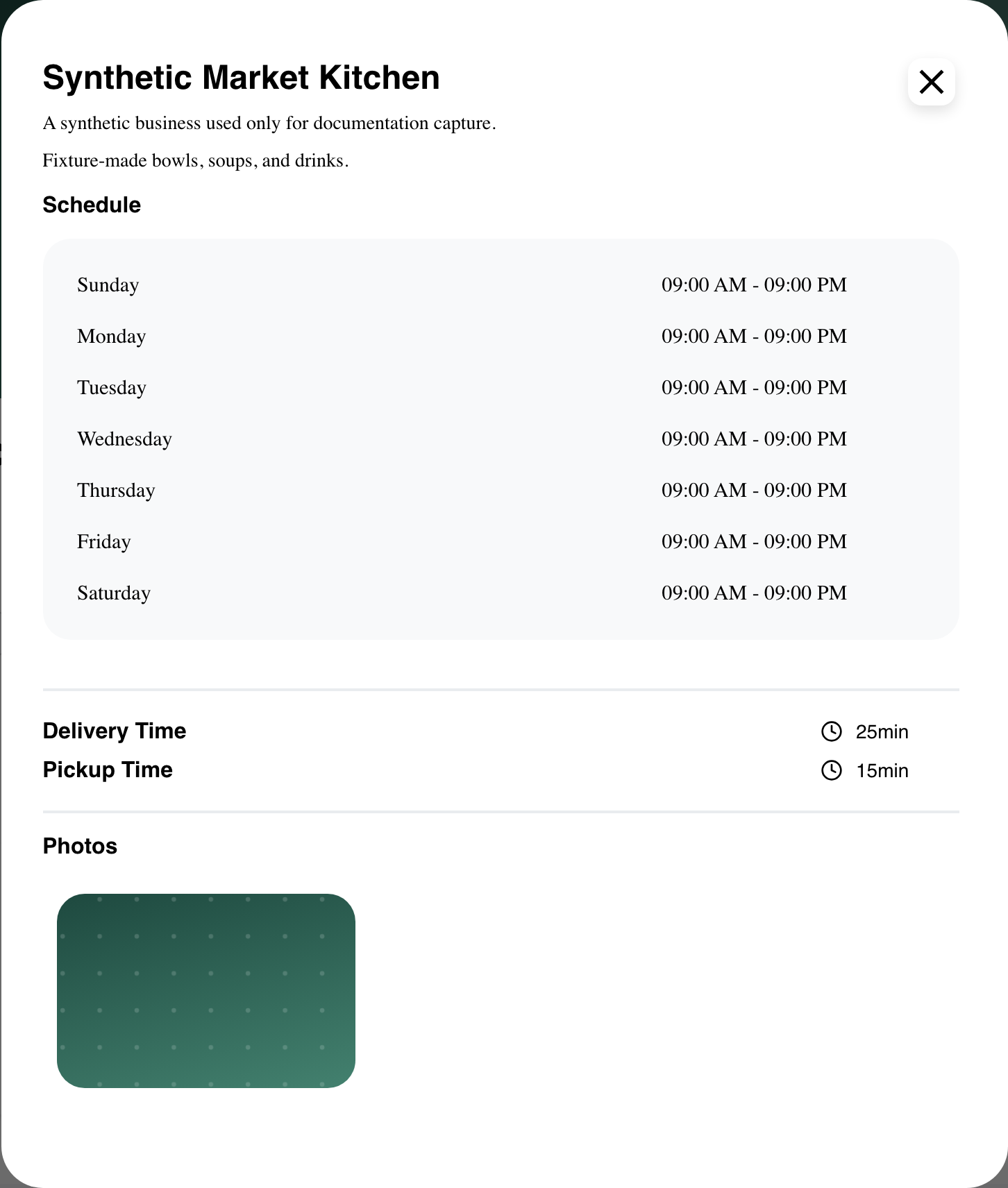 Desktop business information dialog with description, weekly schedule, fulfillment times, and a configured business photo