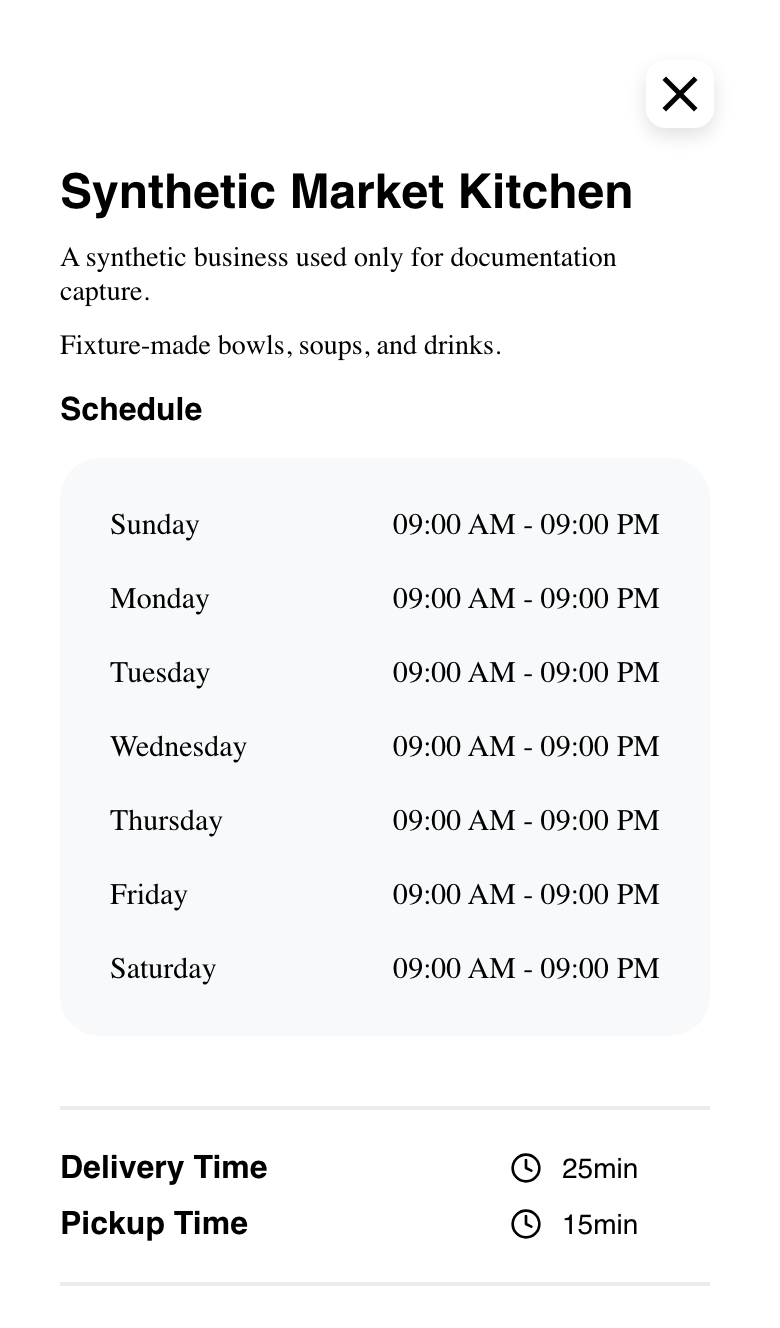 Mobile business information dialog with description, weekly schedule, delivery time, and pickup time