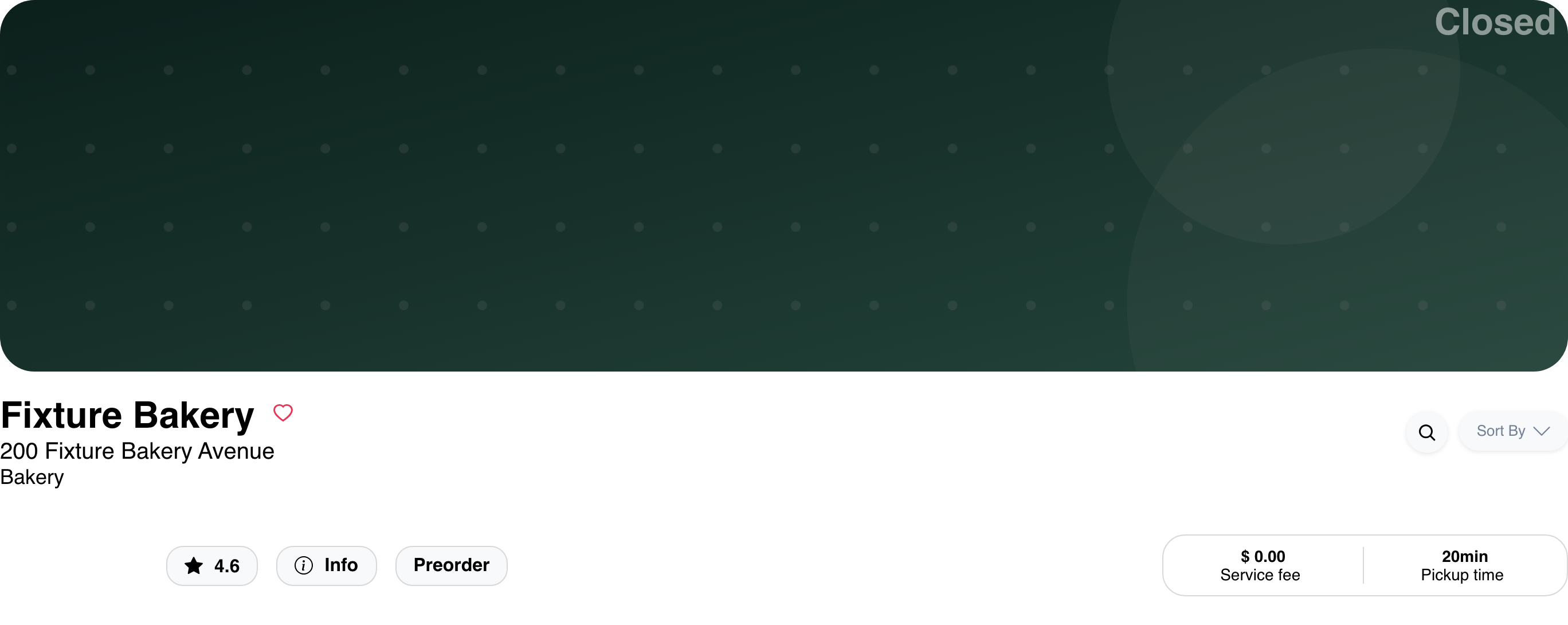 Closed business header with a preorder entry point and fulfillment details