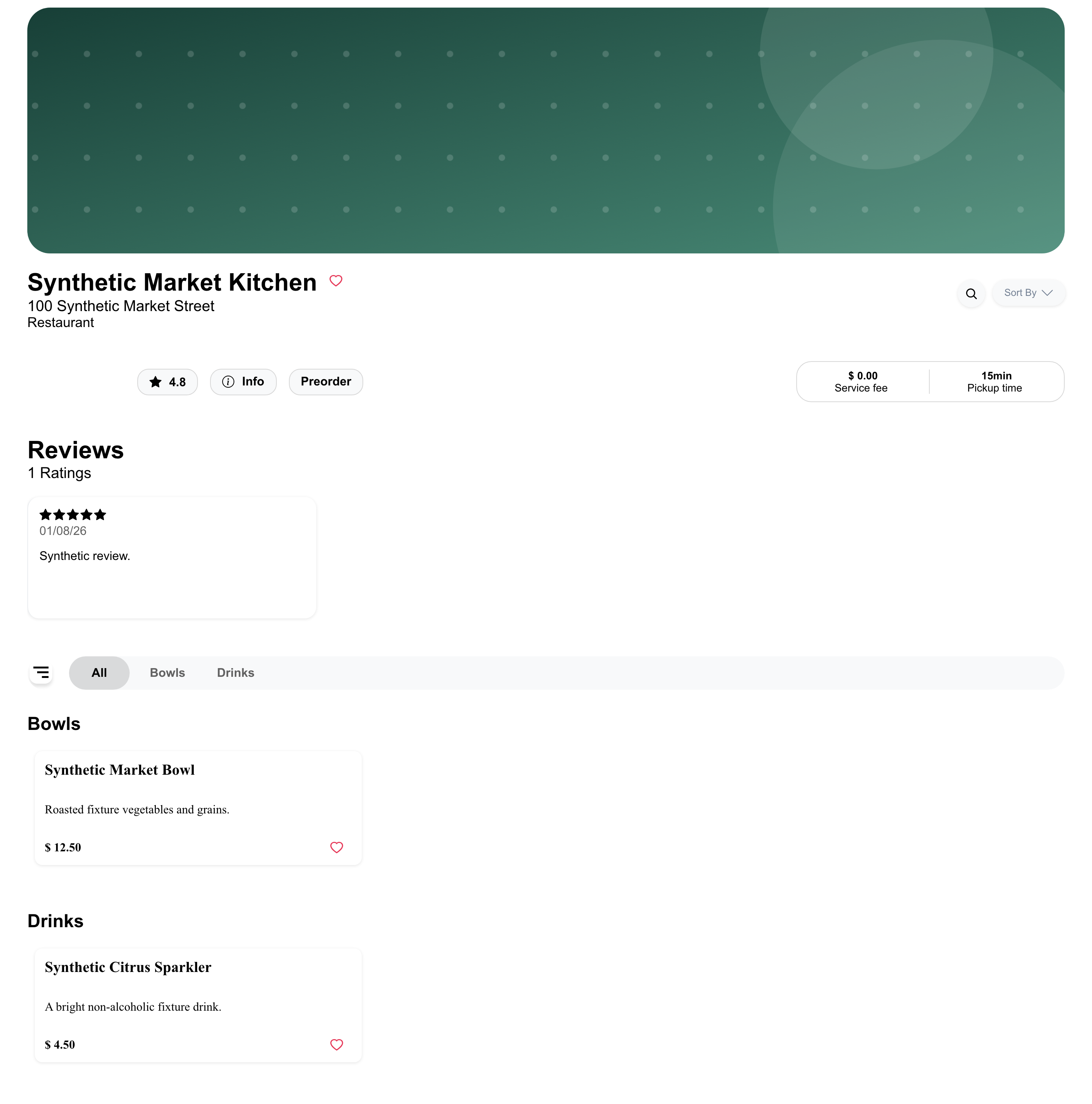 Desktop business page with business details, category navigation, and grouped menu products