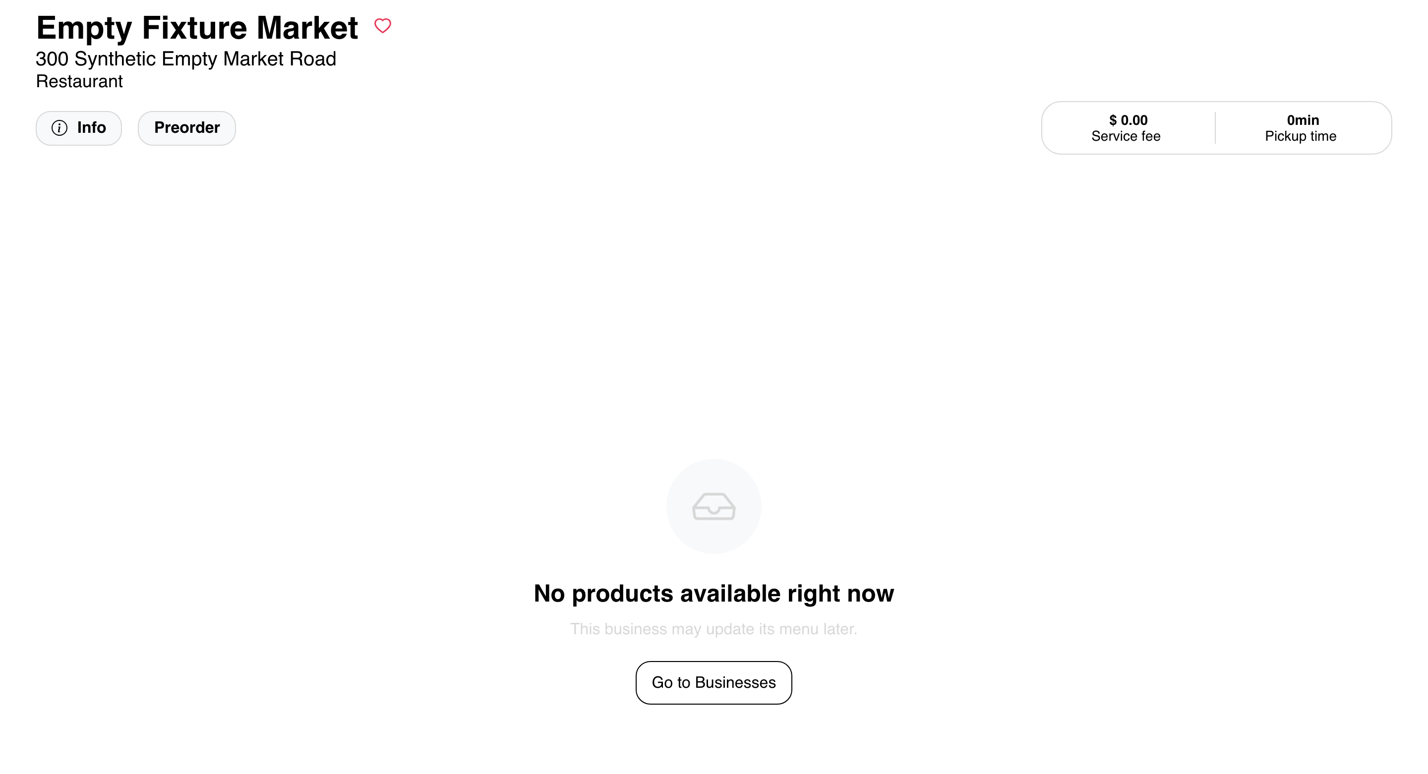 Business page with an empty menu and no products available