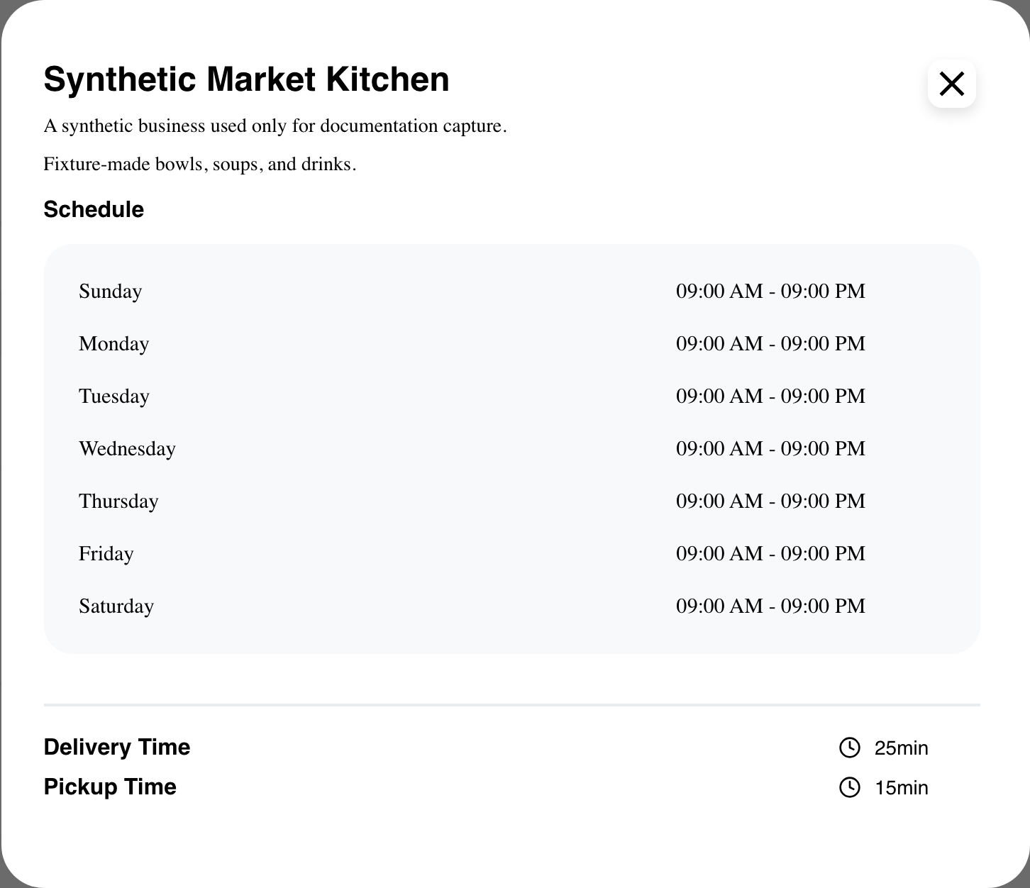 Business information dialog with a description, weekly schedule, and fulfillment times