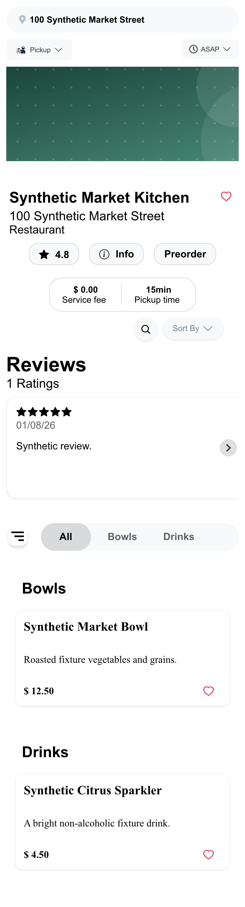 Mobile business page with order context, business details, categories, and menu products