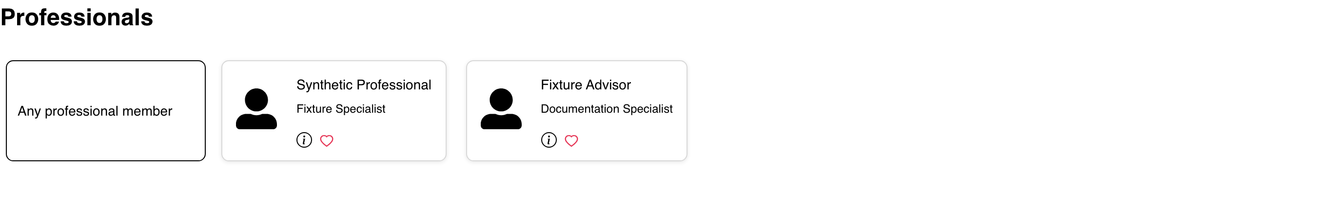 Professional services business with an any-professional option and synthetic professional cards