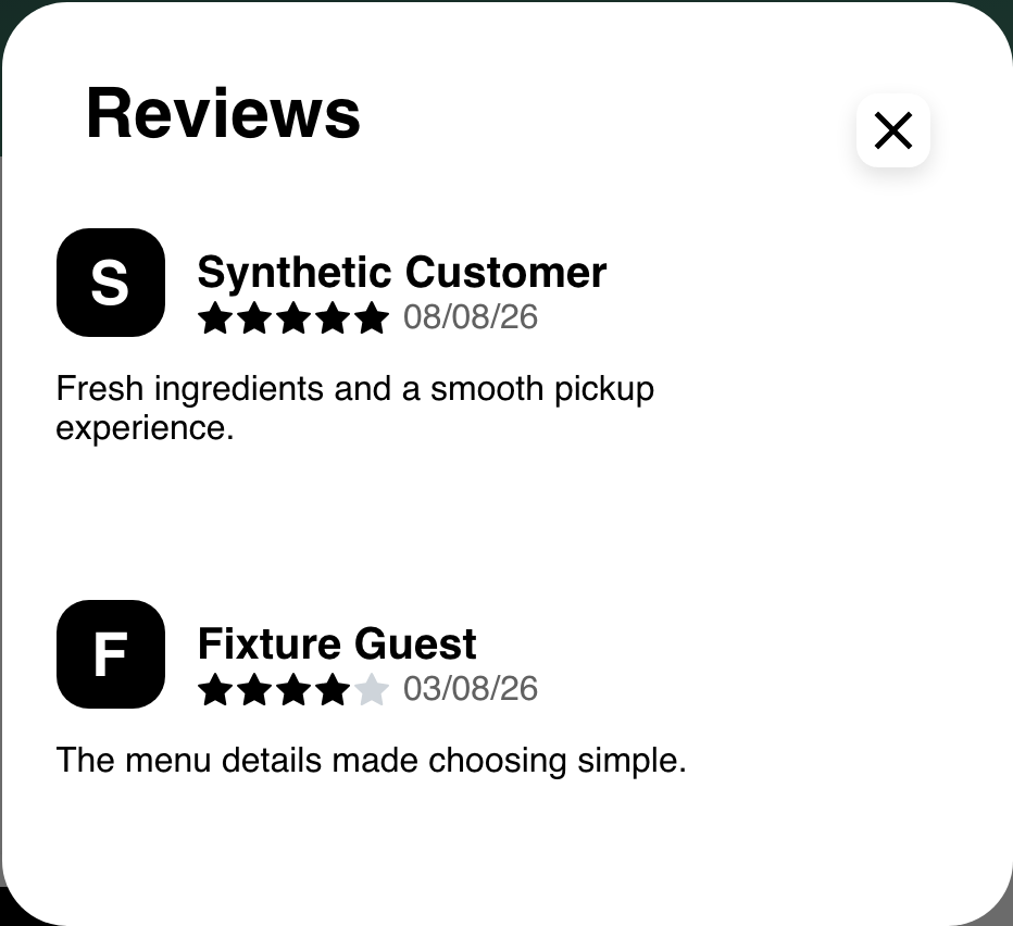 Business reviews dialog with synthetic customer ratings, dates, and comments