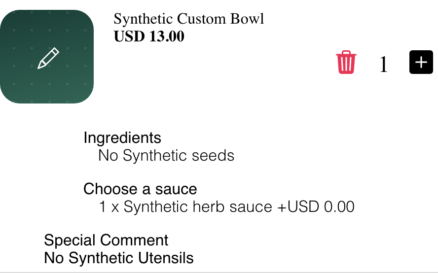 Expanded cart item with a selected option, removed ingredient, and special instructions