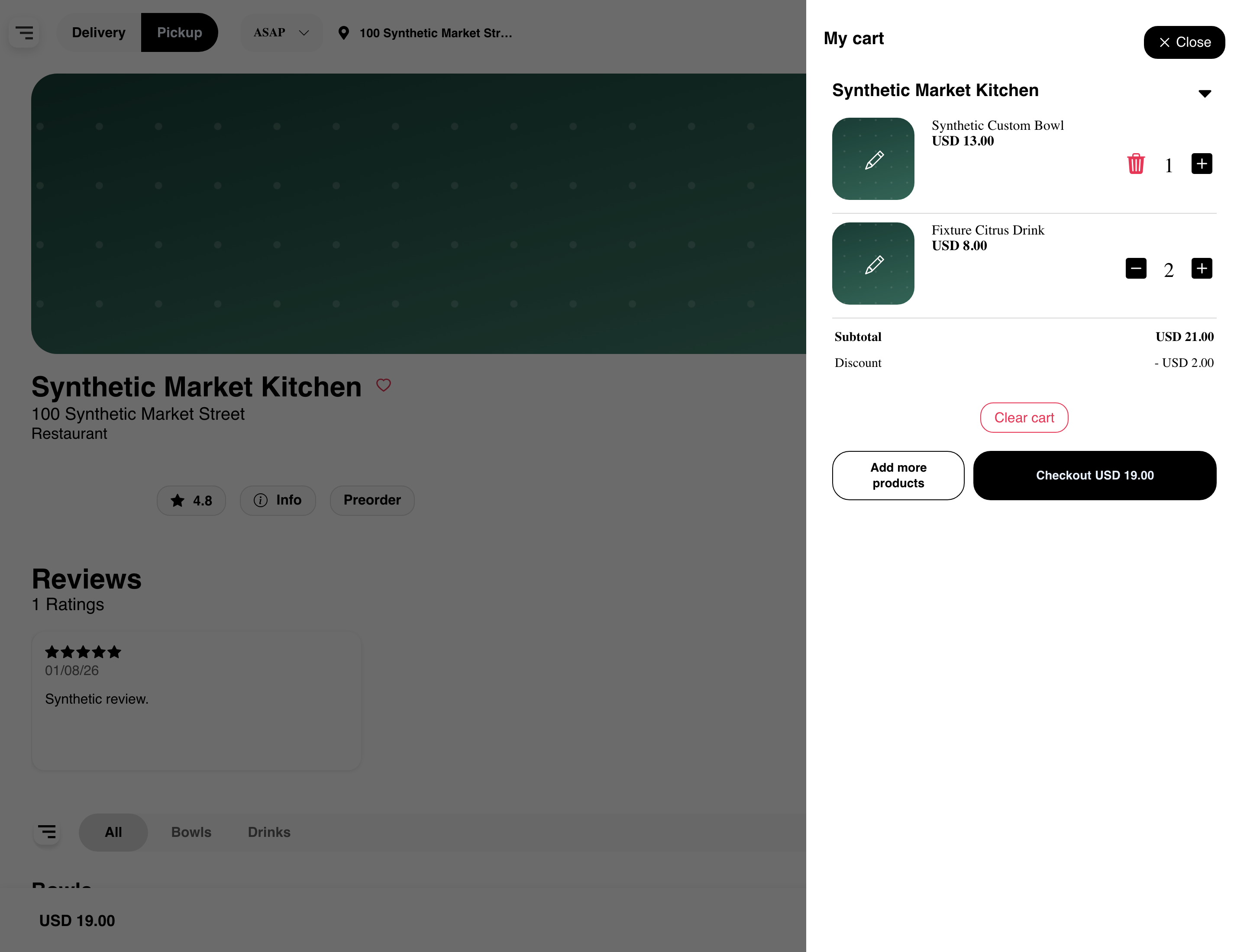 Desktop Website cart drawer with two valid synthetic products and checkout handoff