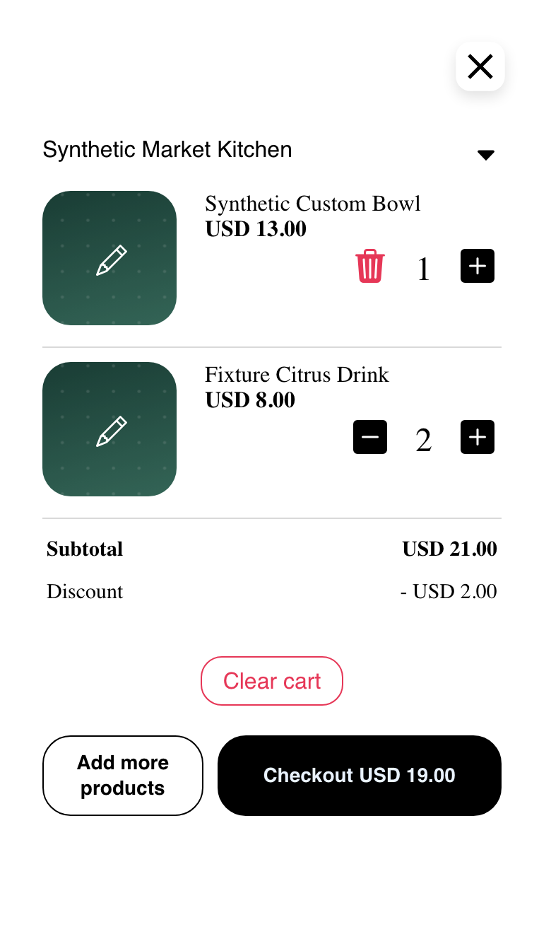 Mobile Website cart dialog with two valid synthetic products and checkout action
