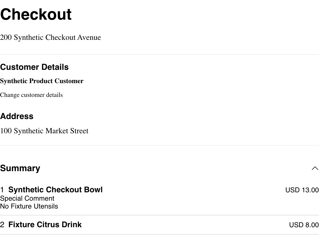 Desktop Website checkout showing synthetic business, customer, fulfillment address, and product summary details