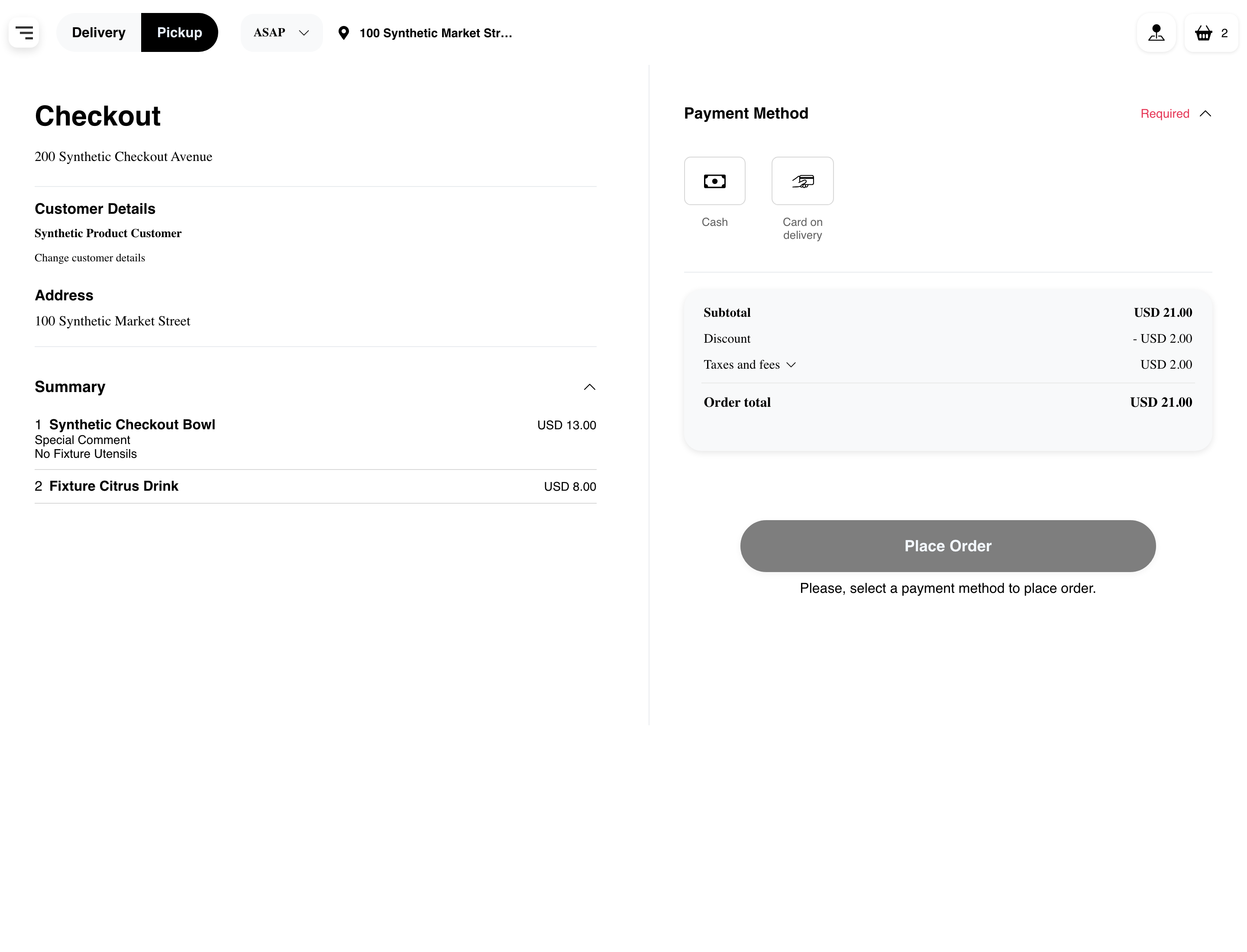 Desktop Website checkout showing synthetic customer, fulfillment, order summary, payment, totals, and Place Order areas