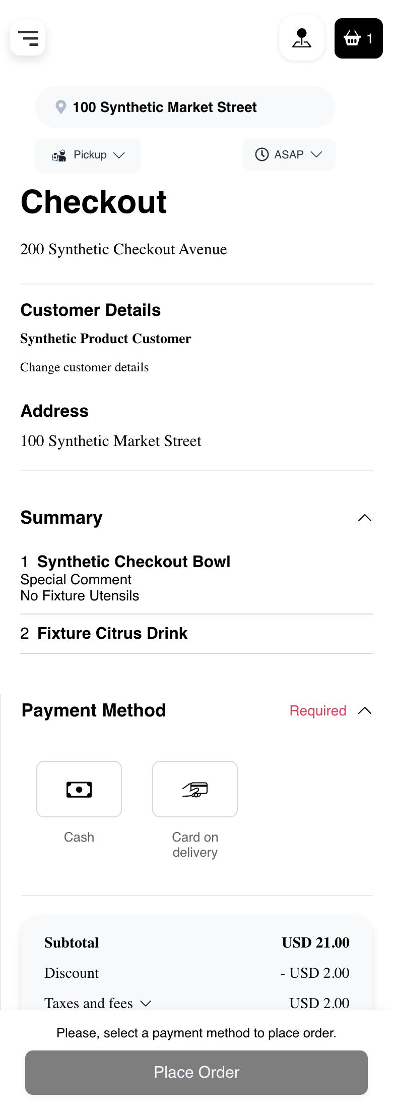 Mobile Website checkout with synthetic details and the payment-required Place Order state